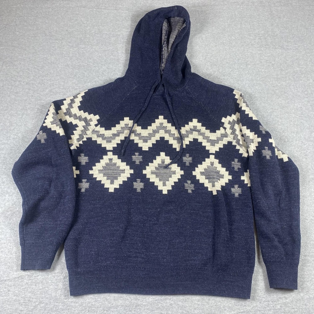 Lucky Brand Sweater Hoodie Mens Medium READ‎ Navy Aztec Geometric Knit Pullover
